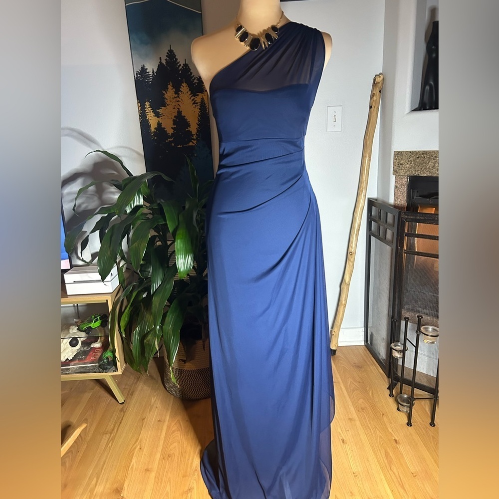 davids bridal dress Women’s Sz 0 Mesh One Shoulder Marine Blue Dress NWT Classic